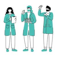 Scientists in lab coats flat contour vector illustration. Conducting experiment simple drawing. Women with test tubes, reactives isolated cartoon outline characters on white background