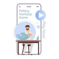 Pottery workshop game cartoon smartphone vector app screen. Ceramics. Porcelain. Clayware studio. Mobile phone displays with flat character design mockup. Application telephone cute interface