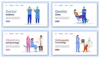 Medicine and healthcare landing page vector templates set. Dental clinic website interface idea with flat illustrations. Obstetrics and gynecology homepage layout. Web banner, webpage cartoon concept