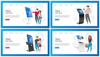 Payment terminal landing page vector template set. Interactive self service kiosk website interface idea with flat illustrations. Freestanding internet construction homepage layout