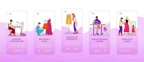 Fashion courses onboarding mobile app screen flat vector template. Beginners, sewing machine class. Walkthrough website steps with characters. UX, UI, GUI smartphone cartoon interface, case prints set