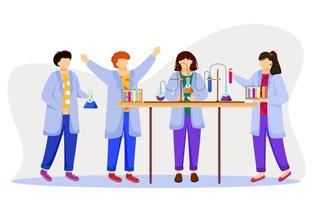 Science lesson flat vector illustration. Studying medicine, chemistry. Conducting experiment. Children in lab coats with test tubes, laboratory flasks isolated cartoon characters on white background