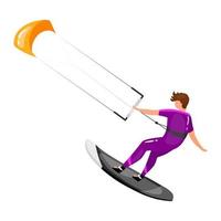 Kitesurfing flat vector illustration. Extreme sports experience. Active lifestyle. Vacation outdoor activities. Sportsman balancing on board with kite isolated cartoon character on white background