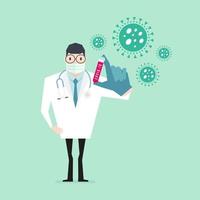 Doctor with protective mask and glasses holding tube with blood test for Coronavirus. vector