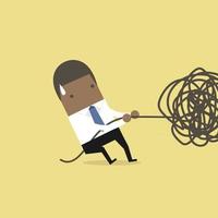 African businessman trying to unravel tangled rope or cable. vector