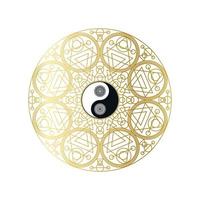 mandala dorado brillante con signo de yin yang aislado vector