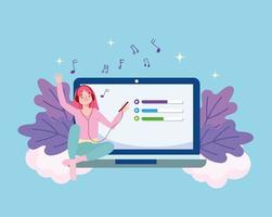 girl listening music on laptop vector