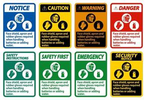 Face Shield, Apron And Rubber Gloves Required When Handling Batteries or Adding Water With PPE Symbols vector