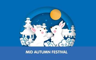 Mid Autumn Festival banner with cute rabbits in paper cut style. vector