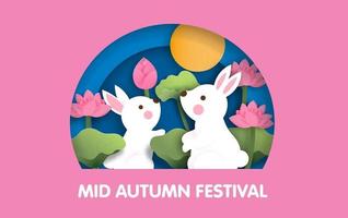 Mid Autumn Festival banner with cute rabbits in paper cut style. vector
