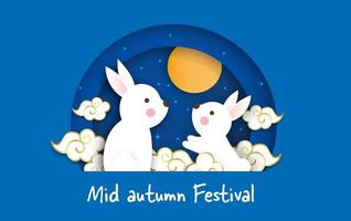 pancarta del festival del medio otoño con lindos conejos en estilo de corte de papel. vector