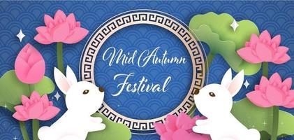 Mid Autumn Festival banner with cute rabbits in paper cut style. vector