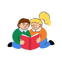 Vector colorful illustration of a little boy and girl reads a book isolated on white background