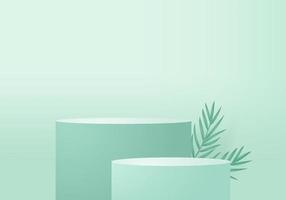 3d background products display podium scene with green leaf geometric platform. background vector 3d render with podium. stand to show cosmetic products. Stage showcase on pedestal display green studio