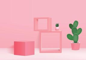 Los productos de fondo 3D muestran una escena de podio con una plataforma geométrica de hoja verde. vector de fondo render 3d con podio. Stand para mostrar productos cosméticos. Escaparate de escenario en pedestal display pink studio