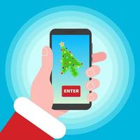 Hand holds phone with computer mouse cursor arrow pointer like green christmas tree with balls and star. Merry Christmas and Happy New Year to you Flat style design vector illustration isolated on white background.