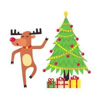 reno navideño bailando cerca del árbol de navidad vector