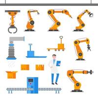 Factory elements set flat style design with cardboard boxes, ventilation, conveyor, robot arm, box with lid, industrial scales, open box, trolley, automated line, operator isolated on white. vector