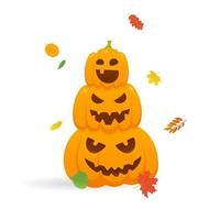 Pile of orange halloween pumpkins set with scary faces vector