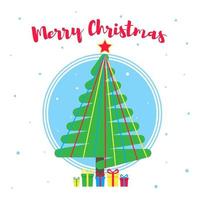 Merry Christmas greeting postcard with christmas fir and text flat style vector illustration. Celebrating christmas and happy new year card with gifts and tree isolated on snowflakes background.