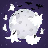 Happy Halloween composition with ghost scary face, night sky, moon vector