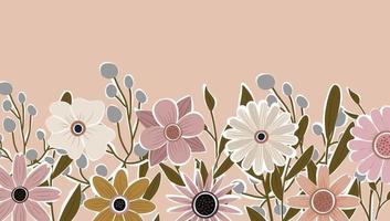 telón de fondo horizontal decorado con flores en flor y borde de hojas. vector de fondo de naturaleza de arte abstracto. marco de plantas de moda. jardín de flores. diseño de patrón floral botánico para banner de venta de verano