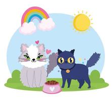 Adorables gatos con comida arcoiris en la hierba vector