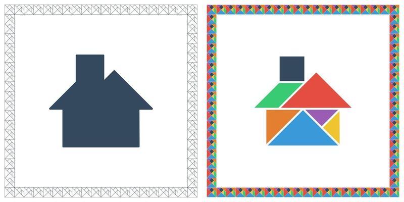 Tangram brain game HOUSE riddle and answer flat UI color vector illustration