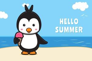 lindo pingüino y helado con una ilustración de icono de vector de dibujos animados de banner de saludo de verano