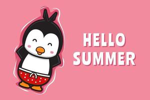 Cute penguin floating relaxes with a summer greeting banner cartoon vector icon illustration