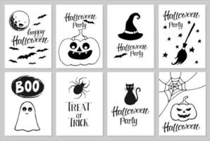 Set of hand drawn Halloween party invitations or greeting cards with handwritten calligraphy and traditional symbols. Vector illustration.