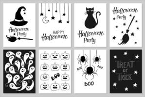 Set of hand drawn Halloween party invitations or greeting cards with handwritten calligraphy and traditional symbols. Vector illustration.