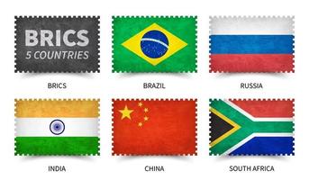 BRICS . Association of 5 countries . Stamp shape with grunge paper texture . White isolated background . Element vector .