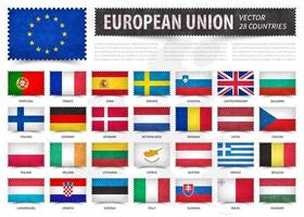 European union . EU . And membership country flag . Stamp shape with grunge paper texture . White isolated background with europe map . Element vector .