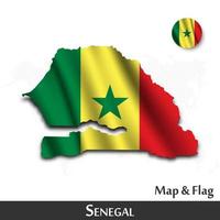 Senegal map and flag . Waving textile design . Dot world map background . Vector .