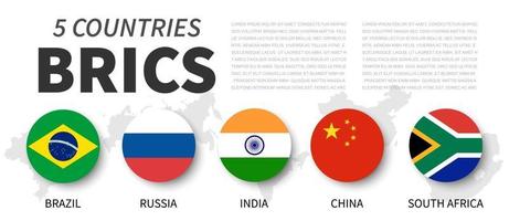 BRICS . Association of 5 countries . Flat simple circle flag design . White isolated background and country map . Vector .