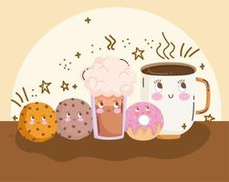 comida linda taza de café donut galletas y batido de dibujos animados vector