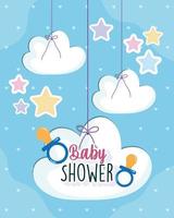 baby shower, estrellas colgantes y nubes, tarjeta de invitación de chupete vector