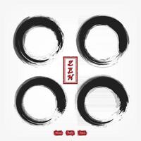 Enso zen circle compilation set . Sumi e design . Black and gray overlap color . Red stamp with zen alphabet . Gray gradient background . Vector illustration .