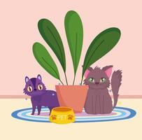 lindos gatos sentados con comida de tazón y planta en maceta vector