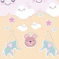 baby shower colgando lindo elefante oso y nubes vector