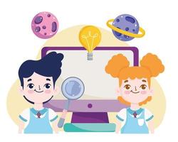 School student boy and girl online lesson with computer vector