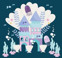 castle fantasy jellyfish seashells algae and fishes vector