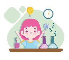 School student girl science class magnifier and test tube vector