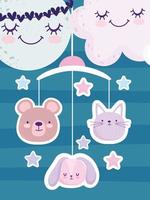 Baby shower with faces animals and stars cartoon vector