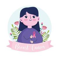 mujer de dibujos animados de cáncer de mama con banner de flores de cinta rosa vector