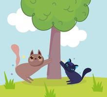 lindos gatos jugando con árboles en la hierba de dibujos animados vector