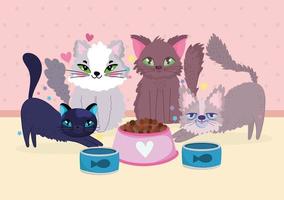 funny group cats animals with canned fish and food bowl vector