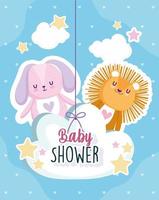 Baby shower, lion and rabbit in hanging cloud card vector
