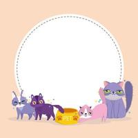 adorable cats pet animals with food and blank banner vector